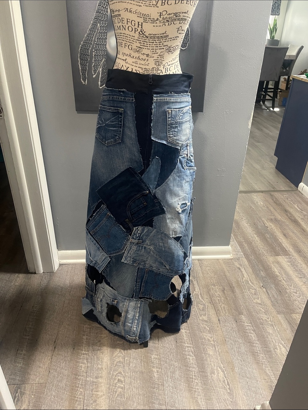 Reworked Patchwork Distressed Denim Skirt - Blue